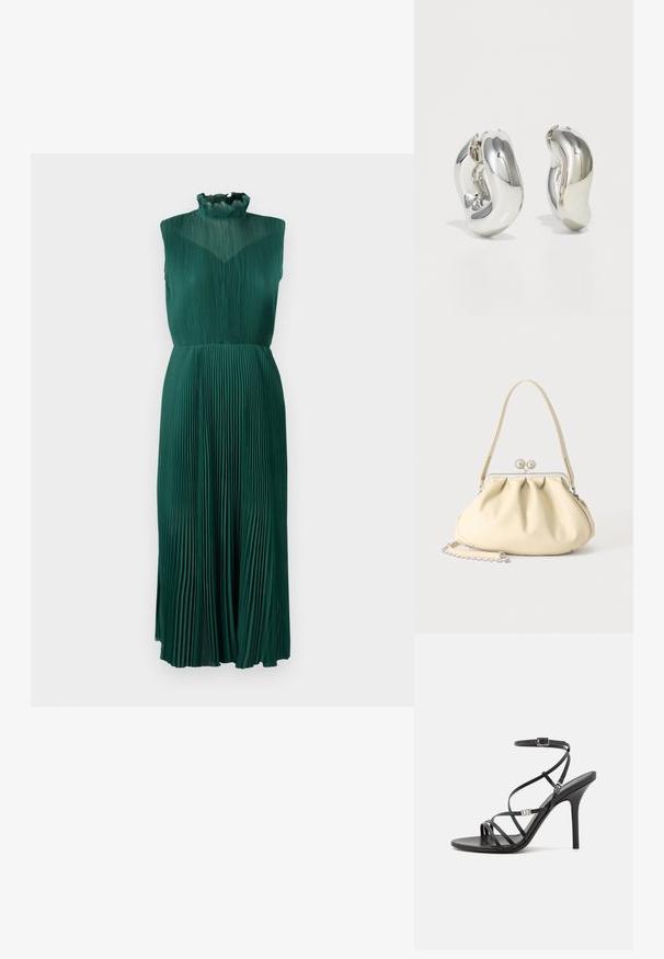 Grünes plissiertes Kleid mit einem hohen, Rüschenausschnitt, ärmellosem Design, fließendem Stoff und einer mittellangen Silhouette. Glatte, strukturierte Oberfläche.; Schwarze High-Heel-Sandale mit dünnen Riemen, einem Knöchelverschluss, einer glatten Lederoberfläche und einem schlanken Stiletto-Absatz.; Cremafarbene weiche Lederhandtasche mit gerafftem Design, silbernem Rahmenschloss, kurzem Griff und abnehmbarem Kettenriemen.; Silberne skulpturale Ohrringe mit glatten, geschwungenen Formen und reflektierenden Oberflächen. Sie verfügen über ein geschlossenes Ringdesign und eine ausgeprägte organische Form.