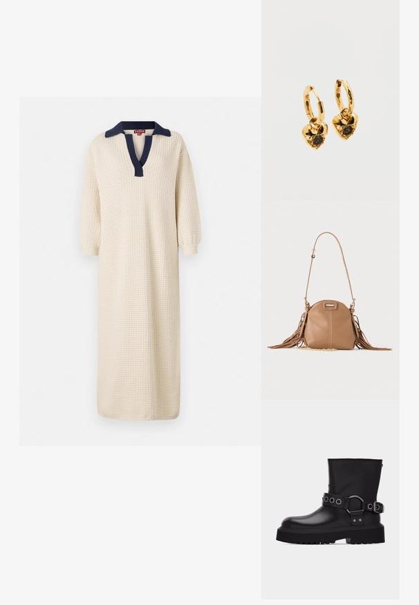 Vestido largo de color crema con una tela texturizada, que presenta un cuello azul marino y un diseño de escote en V. Las mangas tres cuartos completan el conjunto.; Bota negra de cuero hasta la mitad de la pantorrilla con suela gruesa de tacos, correa decorativa con ojales y hebilla de metal plateado en el lateral.; Pequeño bolso de cuero color cuero claro con correa larga, detalle de cadena dorada y flecos en ambos lados sobre un fondo neutro.; Pendientes de aro dorados con colgantes en forma de corazón. Cada corazón presenta una superficie texturizada y una piedra preciosa negra central en un engaste de puntas.