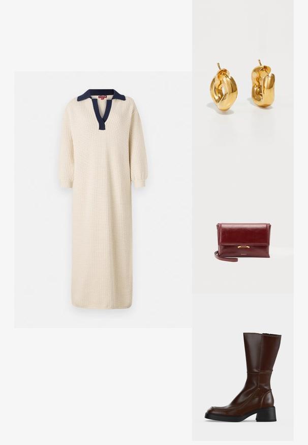 Vestido largo de color crema con una tela texturizada, que presenta un cuello azul marino y un diseño de escote en V. Las mangas tres cuartos completan el conjunto.; Bota de cuero marrón oscuro hasta la mitad de la pantorrilla, con tacón de bloque, puntera cuadrada redondeada, costuras visibles y suela negra sobre un fondo liso.; Pequeño bolso de mano de cuero burdeos con cierre de solapa, detalle dorado y correa para la muñeca, apoyado sobre un fondo liso.; Pendientes de aro grueso en oro con un diseño tubular ligeramente retorcido y cierre de presión, sobre un fondo blanco.