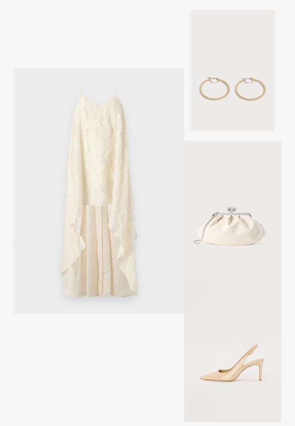 Robe couleur crème avec une superposition en dentelle texturée, un décolleté en V profond et une jupe fluide à couches avec un ourlet irrégulier. Bretelles fines réglables.; Escarpin slingback en cuir verni nude avec un bout pointu, un décolleté ouvert et un talon aiguille fin. Comprend un accent doré circulaire sur la sangle.; Pochette en tissu crème avec un design froncé, cadre en métal argenté, deux boules décoratives, et une bandoulière chaîne argentée.; Paire de boucles d'oreilles créoles en or de taille moyenne avec un design texturé et perlé sur un fond clair uni.