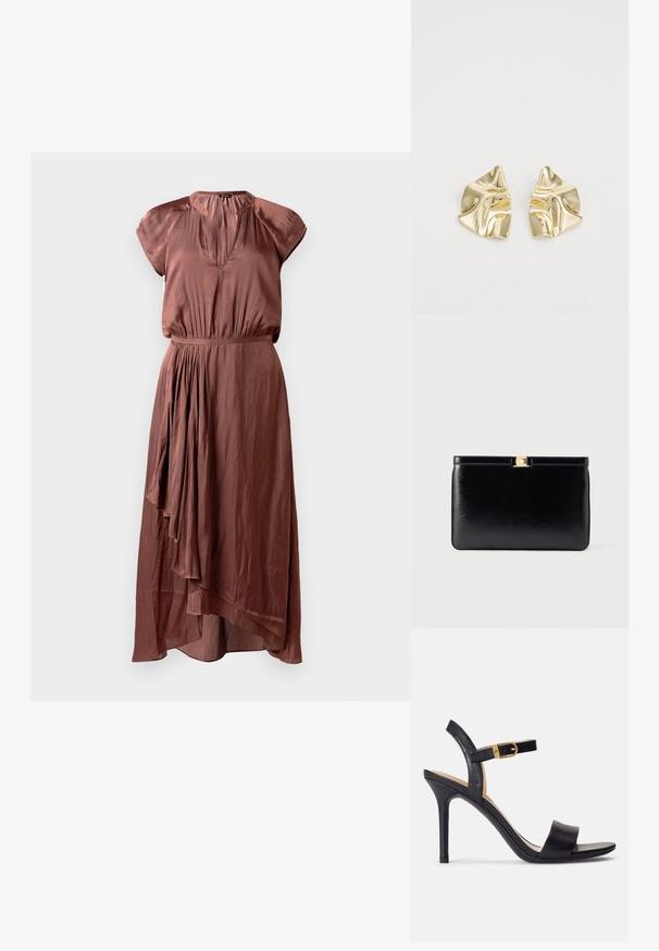 Mooie bruine midi-jurk van soepel materiaal, met korte kapmouwen, een geplooid middenstuk en een asymmetrische zoom met een vloeiende uitstraling.; Zwarte hoge hakken sandalen met een glad leren bovenwerk, open neus en een ontwerp met één band met een gouden gespaccent.}}; Zwart leren rechthoekige clutch met een kleine gouden rechthoekige sluiting bovenop, tegen een effen lichte achtergrond.; Gouden metallic oorbellen met een golvend ontwerp; glad, weerspiegelend oppervlak; asymmetrische vorm; geen zichtbare patronen of hardware.