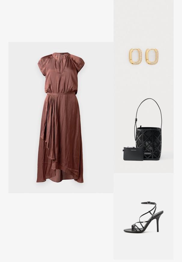 Mooie bruine midi-jurk van soepel materiaal, met korte kapmouwen, een geplooid middenstuk en een asymmetrische zoom met een vloeiende uitstraling.; Zwarte hoge hakken sandaal met dunne banden, een enkelgesp, een gladleren oppervlak en een slanke stilettohak.; Zwarte handtas in emmerstijl met geometrisch uitsnijdingsontwerp en bijpassend klein zippertasje, beide van het merk Emporio Armani.; Goudkleurige oorbellen met een ovale vorm, voorzien van een rij ingelegde heldere kristallen langs één rand. Glad metallic oppervlak en een elegant ontwerp.