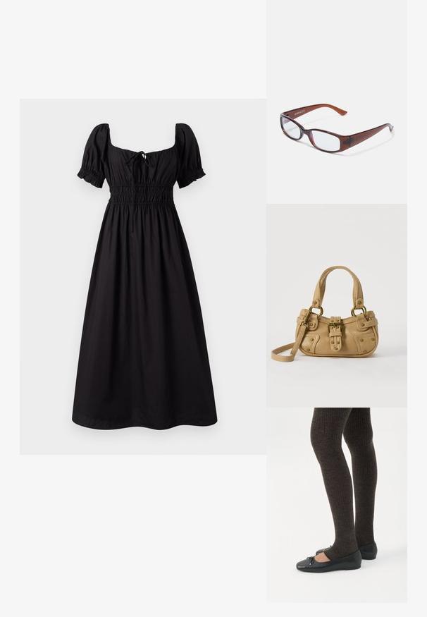 Vestido negro de longitud hasta la rodilla con mangas cortas abullonadas, escote cuadrado y cintura fruncida. Fabricado con tejido ligero y con una textura suave.; Piernas con leggings oscuros acanalados combinados con bailarinas negras que presentan pequeños detalles de lazo sobre un fondo blanco.; Gafas rectangulares con tintado marrón y acabado brillante, con varillas delgadas y lentes transparentes. Logo visible en la patilla izquierda.; Bolso de cuero beige con doble asa, hebilla y remaches de latón, y una correa de hombro ajustable sobre un fondo blanco.