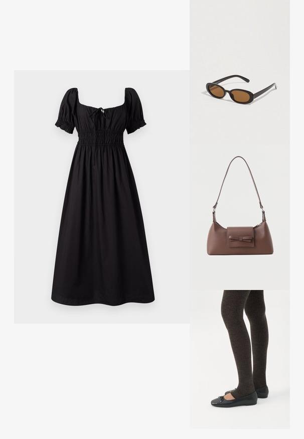 Vestido negro de longitud hasta la rodilla con mangas cortas abullonadas, escote cuadrado y cintura fruncida. Fabricado con tejido ligero y con una textura suave.; Piernas con leggings oscuros acanalados combinados con bailarinas negras que presentan pequeños detalles de lazo sobre un fondo blanco.; Gafas de sol con lentes ovaladas marrones, montura de plástico negro y varillas delgadas. Textura suave con un diseño minimalista.; Bolso bandolera de cuero marrón con un bolsillo frontal de solapa que presenta un detalle de moño cosido y una correa ajustable.