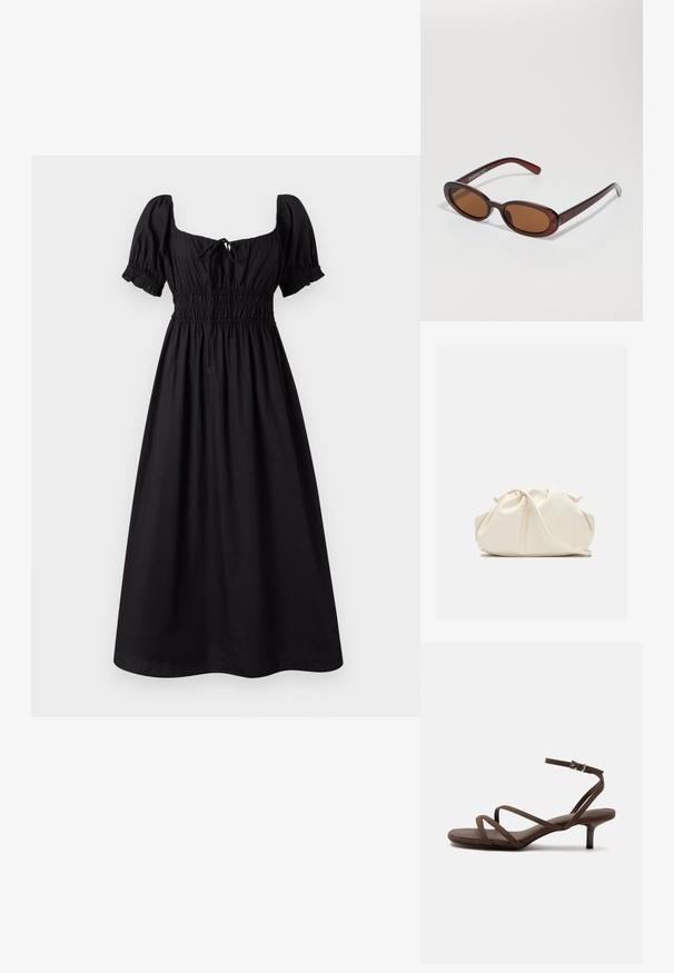 Vestido negro de longitud hasta la rodilla con mangas cortas abullonadas, escote cuadrado y cintura fruncida. Fabricado con tejido ligero y con una textura suave.; Sandalia marrón de tacón alto con tiras finas cruzadas y una correa en el tobillo con una hebilla plateada sobre un fondo blanco.; Gafas de sol redondas con tinte marrón y un marco burdeos brillante. Patillas delgadas con un sutil detalle de marca. Diseño de lentes planos.; Bolso de mano de cuero suave de color crema con diseño fruncido y plisado y una delgada correa para el hombro que descansa delante sobre un fondo liso.