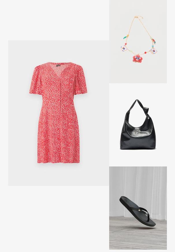 Vestido rojo con escote en V y mangas cortas abullonadas. Presenta un patrón de puntos blancos y detalles de botones en el frente. Tejido liviano.; Sandalia tipo chancla de goma negra con tiras finas y un pequeño detalle metálico redondo, flotando sobre un suelo de madera frente a cortinas blancas.; Bolso de cuero trenzado negro con un diseño relajado, que presenta una correa anudada y un pequeño tachuela dorada decorativa en la parte superior.; Collar de cadena dorada con charms en forma de flores rojas y blancas, pequeñas cuentas coloridas y dos colgantes con forma de pájaro sobre un fondo blanco.