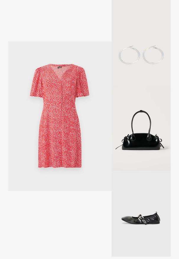 Vestido rojo con escote en V y mangas cortas abullonadas. Presenta un patrón de puntos blancos y detalles de botones en el frente. Tejido liviano.; Zapato plano de piel negra con puntera afilada, detalle fruncido alrededor de la abertura y un acento de hebilla plateada en la correa ajustable.; Pequeño bolso negro brillante con dos asas largas y detalles de cordón lateral sobre un fondo claro liso.; Pareja de pendientes de aro plateados brillantes con cierres de alambre delgado, mostrados sobre un fondo gris claro.