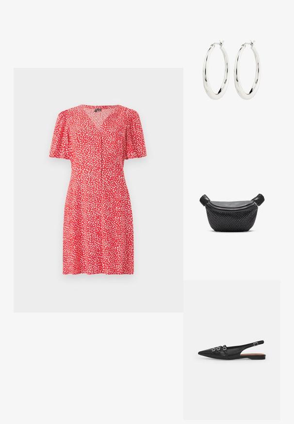 Vestido rojo con escote en V y mangas cortas abullonadas. Presenta un patrón de puntos blancos y detalles de botones en el frente. Tejido liviano.; Zapato plano slingback de cuero negro con puntera puntiaguda, que presenta dos correas horizontales y hebillas plateadas cuadradas, tacón bajo y textura suave.; Bolso de mano negro con parte superior de cuero liso y base texturizada cubierta de tachuelas plateadas, que cuenta con un cierre de cremallera y doble asa.; Pendientes de aro de plata con un acabado suave y brillante. Forma circular, con un cierre seguro. Diseño sencillo y elegante.