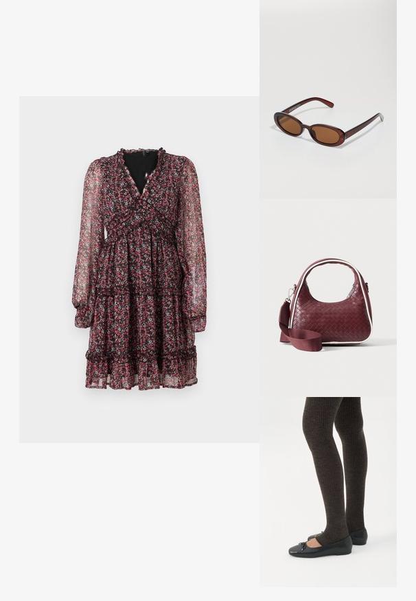 Robe noire transparente à motifs floraux avec manches longues, col en V à volants, taille marquée, jupe à volants et petit motif de fleurs rouges et blanches.; Jambes portant des leggings côtelés foncés associés à des ballerines noires avec de petits détails en nœud sur fond blanc.; Lunettes de soleil rondes teinte brun avec une monture bordeaux brillante. Branches fines avec un détail de marque subtil. Design de verres plats.; Sac à main en cuir tressé marron foncé avec poignée courbée, garniture blanche, fermeture éclair argentée et bandoulière large en tissu amovible sur fond uni.