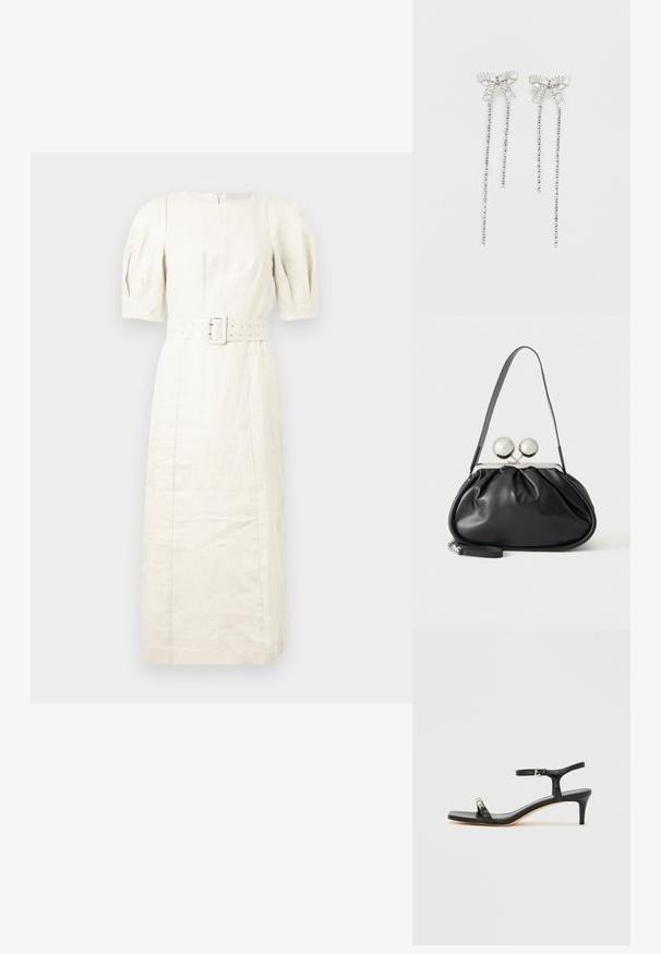 Leinen-Midi-Kleid in hellbeige mit kurzen Puffärmeln, tailliertem Gürtel und einem Reißverschluss hinten. Sanfte Textur, minimalistisches Design.; Schwarze Leder-Sandale mit Absatz und Knöchelriemen, offenem Zehenbereich, quadratischer Vorderseite und silbernen Metallakzenten. Eng anliegendes Design mit schlanker Silhouette.; Schwarze Ledertasche mit gerafftem Design, einem einzelnen Riemen, silbernem Metallrahmen und zwei großen runden silbernen Verschlüssen.; Lange silberne Ohrringe mit einer Ansammlung von Strasssteinen oben und herabhängenden Strängen kleinerer Strasssteine darunter.