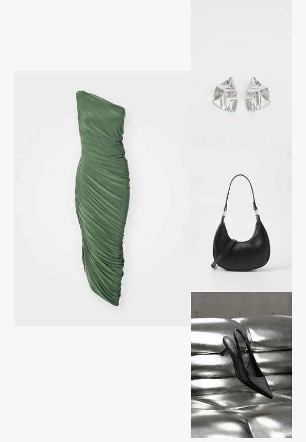 Grünes, einseitig trägerloses Kleid aus gerafftem, strukturiertem Stoff, das eine figurbetonte Silhouette hat, die bis zum Saum fließt.; Schwarzer Slingback-Schuh mit spitzer Kappe und glänzendem Lederfinish, ausgestattet mit niedrigem Blockabsatz und dünnem Knöchelriemen, schwebt über einer metallischen Oberfläche.; Schwarze Lederhandtasche mit geschwungener Form, ausgestattet mit einem oberen Reißverschluss, einem kurzen Griff und einem abnehmbaren Schulterriemen. Goldene Hardware-Akzente.; Silberne Metallohrringe mit einem wellenförmigen, skulpturalen Design, das eine polierte Oberfläche und unregelmäßige Formen aufweist, die eine zeitgenössische Ästhetik betonen.