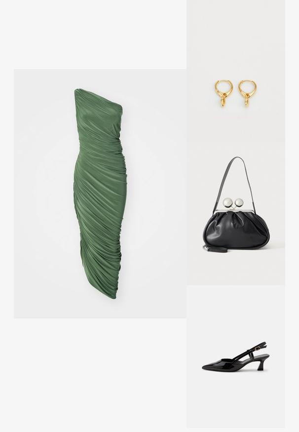 Grünes, einseitig trägerloses Kleid aus gerafftem, strukturiertem Stoff, das eine figurbetonte Silhouette hat, die bis zum Saum fließt.; Schwarzer Slingback-Pumps aus Lackleder mit spitzer Spitze und verstellbarem goldfarbenem Riemen auf weißem Hintergrund.; Schwarze Ledertasche mit gerafftem Design, einem einzelnen Riemen, silbernem Metallrahmen und zwei großen runden silbernen Verschlüssen.; Goldene Creolen mit einer glatten metallischen Oberfläche, die einen tropfenförmigen Anhänger von jeder Creole hängen haben. Einfaches Design mit glänzender Textur.