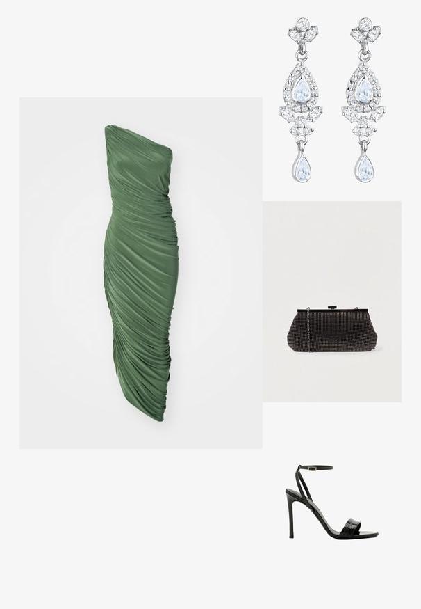 Grünes, einseitig trägerloses Kleid aus gerafftem, strukturiertem Stoff, das eine figurbetonte Silhouette hat, die bis zum Saum fließt.; Schwarze, hochhackige Sandalen mit Krokodilprägung, offener Zehenpartie und dünnem, verstellbarem Knöchelriemen. Schlanker Absatz und minimalistisches Design.; Schwarze Mesh-Clutch mit strukturierter Silhouette, verziert mit kleinen metallic-nieten, besitzt einen Verschluss mit Klappe und einen abnehmbaren Kettenriemen.; Elli ANTIQUE DROP - Ohrringe - weiß