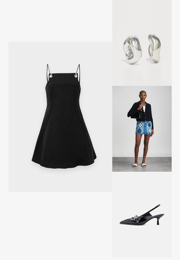 Musthave musta ilma varrukatega kleit, millel on reguleeritavad õhukesed rihmad, kuldsete detailidega ja flared siluetiga. Sile kangastekstuuri.; Mustast lakknahast slingback-stiilis madala kontsaga king, millel on terav nina ja hõbedane pandla detail, valgel taustal.; Mustmustri kootud kardigan, valge topp, sinise ja musta rombimustriga teksaseelik, must käekott ja beežid libisemisega sandaalid.; Hõbedased skulpturaalsed kõrvarõngad, millel on siledad, kaarekujulised vormid ja peegeldavad pinnad. Omavad suletud rõnga disaini ja eristuvat orgaanilist kuju.