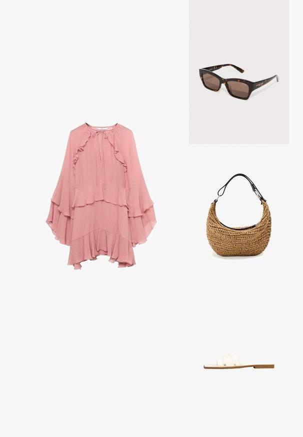 Roze chiffon jurk met een relaxte pasvorm, met ruches bij de halslijn, mouwen en zoom, en een striksluiting bij de nek.; Witte platte slipper met een tankleurige zool en drie brede banden over de bovenzijde, weergegeven vanaf de zijkant tegen een witte achtergrond.; Schildpadzonnebril met hoekige monturen, bruine lenzen en gouden "vogue" branding op de armen. Getextureerd patroon op de monturen.; Gevlochten strohandtas in beige met een gebogen silhouet, voorzien van een zwarte leren band en zilverkleurige metalen accenten. Gestructureerde afwerking.