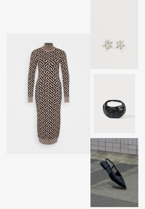 Vestido largo y ajustado en un patrón geométrico en beige y negro, con un cuello alto acanalado y puños, fabricado con un tejido de punto texturizado.; Zapato plano negro de punta puntiaguda con tiras traseras flotando sobre una superficie de asfalto junto a una acera con baldosas.; Bolso de mano de cuero negro con forma redondeada, decorado con detalles de tachuelas plateadas y un asa corta. Textura lisa y cierre con cremallera.; Pendientes de aro plateados en forma de estrella con un acabado liso y pulido sobre un fondo blanco liso.