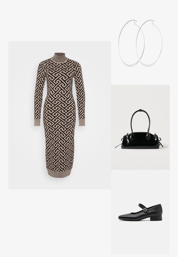 Lang, aangesloten jurk in een beige en zwart geometrisch patroon, met een ribgebreide col en mouwen, gemaakt van een gebreide, gestructureerde stof.; Zwarte leren Mary Jane schoenen met een gepatenteerde neus, verstelbare enkelband en lage blokhak. Een gladde textuur en een elegante uitstraling.; Kleine zwarte glanzende handtas met twee lange hengsels en zijkant trekkoord details op een effen lichte achtergrond.; Zilveren oorringen met een dun, glad ontwerp; langwerpige ovale vorm; gepolijste afwerking; voorzien van een veilige haaksluiting.