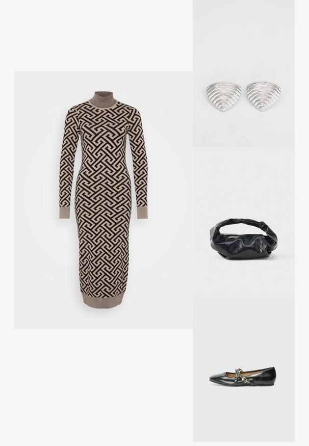 Pitkä, vartalonmyötäinen mekko beige- ja musta-geometrisessa kuosis, jossa on ribattu korkea kaulus ja hihansuut, valmistettu neulotusta, teksturoidusta kankaasta.; Mustasilmä ballet-lenkki, jossa on terävä kärki ja koristeelliset ristikkäiset hihnat, joissa on hopeiset reiät, asetettuna sileää valkoista taustaa vasten.; Musta laukku, joka on valmistettu kiiltävästä, teksturoidusta materiaalista, jossa on pyöreä, kiertynyt kahva ja vetoketjukiinnitys. Sisältää pehmeän, rypistyneen muotoilun.; Korvakorut hopeasävyssä, joissa on aaltoileva, tekstuuroitu muotoilu, muotoiltuna päällekkäisiksi puolikuuiksi; kiiltävä pinta parantaa heijastavia ominaisuuksia.