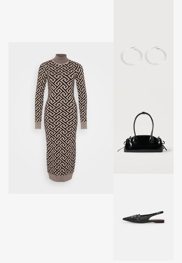Langes, figurbetontes Kleid in einem beigen und schwarzen geometrischen Muster, mit einem gerippten Rollkragen und Bündchen, aus einem gestrickten, strukturierten Stoff gefertigt.; Schwarze Leder-Slingback-Ballerina mit spitzem Zeh, ausgestattet mit zwei horizontalen Riemen und quadratischen silbernen Schnallen, mit flachem Absatz und glatter Oberfläche.; Kleine schwarze glänzende Handtasche mit zwei langen Griffen und seitlichen Kordelzug-Details vor einfachem hellem Hintergrund.; Paar glänzende silberne Creolen mit dünnen Drahtverschlüssen, dargestellt vor einem hellgrauen Hintergrund.