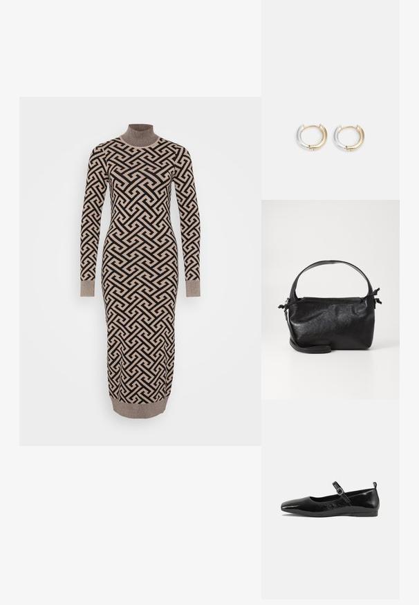 Lang, tætsiddende kjole i et geometrisk mønster i beige og sort, med en ribbestrikket turtleneck og manchetter, lavet af et strikket, struktureret stof.; Sorte patentlæder flade sko med spidse tæer, en ankelrem med spænde og en glat, blank tekstur. Lav hæl for komfort.; Sort læderhåndtaske med et struktureret design, rund tophåndtag og aftagelig skulderrem. Den har en glat tekstur og en subtil glans.; Guld- og sølvøreringe med en blandet metallisk finish, der har et glat, buet design og en sømløs lukning.