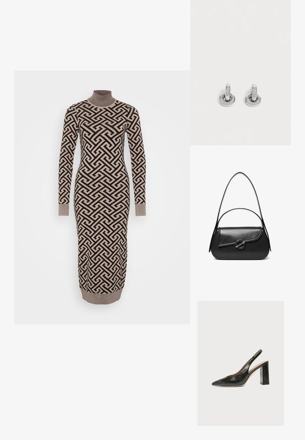 Pitkä, vartalonmyötäinen mekko beige- ja musta-geometrisessa kuosis, jossa on ribattu korkea kaulus ja hihansuut, valmistettu neulotusta, teksturoidusta kankaasta.; Mustasta nahasta valmistettu naisten slingback-kenkä, jossa on terävä kärki ja paksu korkea lohkokorko valkoisella taustalla.; Musta nahkainen olkalaukku, jossa on kaareva läppä, jonka kiinnittää pyöreä metallilukko, ja ohut, säädettävä hihna.; Pari pieniä, kiiltäviä hopeisia korvarenkaita pyöreällä pohjalla, esillä yksinkertaisella vaalealla taustalla.