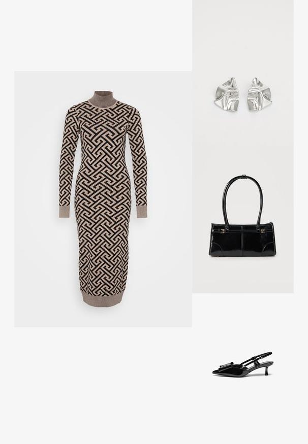 Lang, tætsiddende kjole i et geometrisk mønster i beige og sort, med en ribbestrikket turtleneck og manchetter, lavet af et strikket, struktureret stof.; Sorte patenterede læderslingbacks med spids tå, en sløjfedetalje foran og en lille stilettohæle. Remmene har justerbare spænder.; Glansfuld sort rektangulær håndtaske med to tynde skulderremme og små guldbeslag foran.; Sølvmetal øreringe med et bølgende, skulpturelt design, der har en poleret overflade og uregelmæssige former, hvilket fremhæver en moderne æstetik.