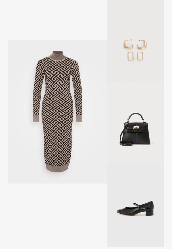 Langes, figurbetontes Kleid in einem beigen und schwarzen geometrischen Muster, mit einem gerippten Rollkragen und Bündchen, aus einem gestrickten, strukturierten Stoff gefertigt.; ALDO DECIMA - Pumps - black; Schwarze Lederhandtasche mit strukturiertem Design, Obergriff, abnehmbarer Schulterriemen und Hardware in Goldtönen an einem Magnetverschluss.; Zwei Paare goldfarbener geometrischer Creolen auf einer schlichten weißen Oberfläche, ein Paar quadratisch und massiv, ein Paar rechteckig und hohl.
