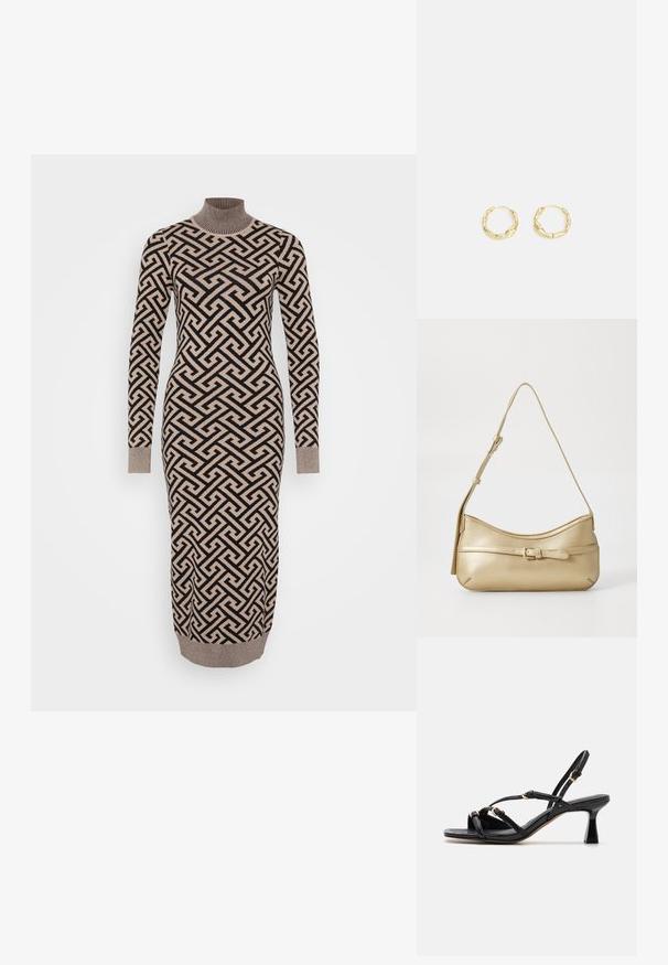 Langes, figurbetontes Kleid in einem beigen und schwarzen geometrischen Muster, mit einem gerippten Rollkragen und Bündchen, aus einem gestrickten, strukturierten Stoff gefertigt.; Call it Spring DIANAH - Riemensandalette - black; Metallic gold Schultertasche mit geschwungener Form, glatter Textur, einem flachen Riemen und einem dekorativen Schnallendetail auf der Vorderseite.; Goldene Creolen mit einer strukturierten, unregelmäßigen Oberfläche. Sie verfügen über ein leichtes Design und eine runde Form, die sich für den täglichen Gebrauch eignet.