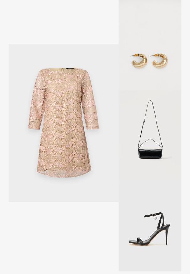 Robe beige avec un surcroît en dentelle florale rose, manches trois-quarts et encolure ronde, présentée sur un fond uni.; Sandale à talon haut noire avec une bride étroite à la cheville, bout carré, cuir lisse et accent de boucle métallique.; Sac bandoulière rectangulaire en cuir noir avec bandoulière ajustable, fermeture éclair sur le dessus et petit logo Calvin Klein doré sur le devant.; Deux boucles d'oreilles en forme de cerceau en or brillant, avec un design courbé, présentant des accents orange près de la tige, sur fond blanc uni.