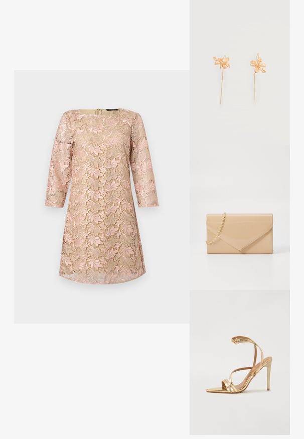 Robe beige avec un surcroît en dentelle florale rose, manches trois-quarts et encolure ronde, présentée sur un fond uni.; Even&Odd by Zalando Sandales - gold; Pochette en cuir verni beige avec une bandoulière en chaîne dorée, dotée d'un design en forme d'enveloppe et d'une fermeture à rabat pointu. Texture lisse sur toute sa surface.; Boucles d'oreilles en métal doré en forme de fleurs délicates avec des tiges longues et fines et des fixations à crochet sur un fond uni.