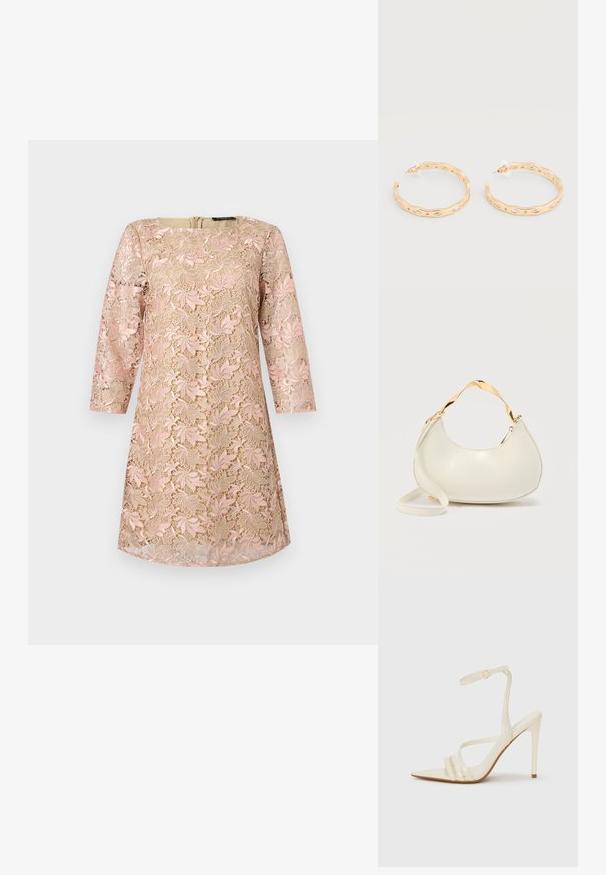Robe beige avec un surcroît en dentelle florale rose, manches trois-quarts et encolure ronde, présentée sur un fond uni.; Sandales à talons hauts beiges avec un bout pointu, comportant trois brides à l'avant et une fine bride à la cheville avec une boucle. Texture lisse, design minimaliste.; Sac à main crème en forme de croissant avec poignée courte brillante dorée et bandoulière longue assortie sur un fond clair uni.; Boucles d'oreilles créoles ton or avec un design ondulé irrégulier et des accents de cristaux clairs incrustés, fixées par des clous à dos en plastique.
