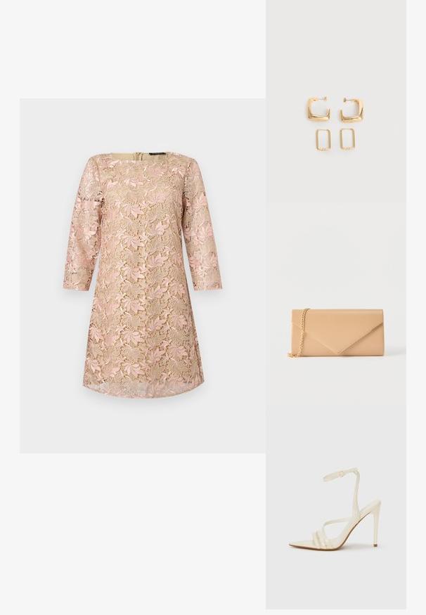 Robe beige avec un surcroît en dentelle florale rose, manches trois-quarts et encolure ronde, présentée sur un fond uni.; Sandales à talons hauts beiges avec un bout pointu, comportant trois brides à l'avant et une fine bride à la cheville avec une boucle. Texture lisse, design minimaliste.; Pochette enveloppe beige avec une bandoulière en chaîne dorée, posée sur un fond blanc uni.; Deux paires de Boucles d'oreilles créoles géométriques dorées sur une surface blanche unie, une paire carrée et pleine, une paire rectangulaire et creuse.