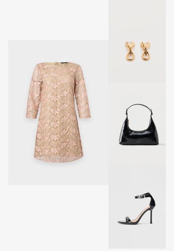 Robe beige avec un surcroît en dentelle florale rose, manches trois-quarts et encolure ronde, présentée sur un fond uni.; Sandale à talon haut en cuir verni noir avec bride à la cheville. Présente un design minimaliste, un bout ouvert et une boucle ornée de strass.; Sac à main Calvin Klein noir brillant avec fermeture éclair dorée et anse courte sur fond blanc uni.; Paire de boucles d'oreilles créoles en bouclettes dorées brillantes sur fond blanc uni, présentant un design torsadé entrelacé.
