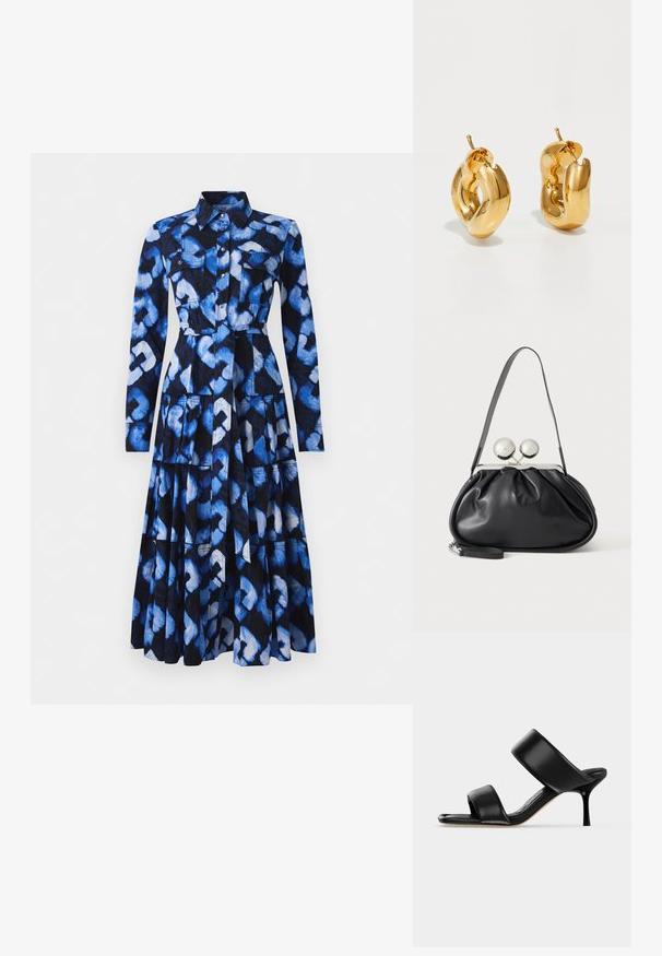 Vestido azul con mangas largas, cuello con solapa, cierre frontal de botones y tejido estampado con tonos de azul y negro, con dos bolsillos en el pecho.; Sandalia mule de cuero negro con dos tiras anchas y un tacón de aguja delgado de altura media sobre un fondo claro y sencillo.; Bolso de mano de cuero negro con diseño fruncido, una sola correa, marco metálico plateado y dos cierres grandes redondos de plata.; Pendientes de aro grueso en oro con un diseño tubular ligeramente retorcido y cierre de presión, sobre un fondo blanco.