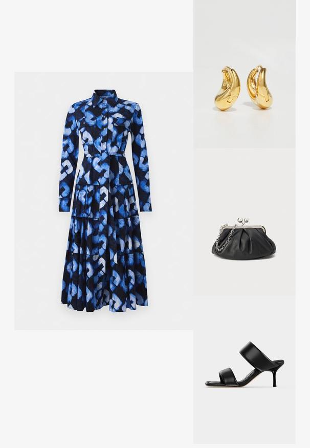 Blaues Kleid mit langen Ärmeln, kragenähnlichem Ausschnitt, Vorderknopfverschluss und gemusterter Stoff, der Blau- und Schwarztöne zeigt, mit zwei Brusttaschen.; Schwarze Leder-Mule-Sandale mit zwei breiten Riemen und einem schlanken, mittelhohen Stilettoabsatz auf einem schlichten hellen Hintergrund.; Schwarze Leder-Clutch mit geraffter Textur, silberfarbener Metallrahmen, Druckverschluss und Kettenriemen. Glatte, weiche Oberfläche.; Goldene Creolen mit einer glatten, geschwungenen Form und polierter Oberfläche. Mit einem Verschlussmechanismus und leichten Einkerbungen für Details.