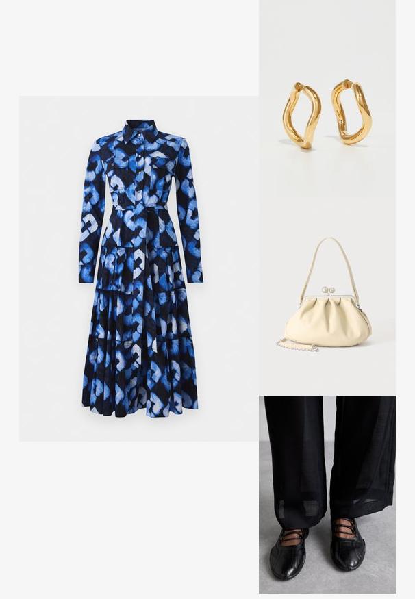 Vestido azul con mangas largas, cuello con solapa, cierre frontal de botones y tejido estampado con tonos de azul y negro, con dos bolsillos en el pecho.; MIISTA AVERIE - Bailarinas con hebilla - black; Bolso de mano de piel suave color crema con diseño fruncido, cierre de marco plateado, asa corta y una correa de cadena desmontable.; Pendientes de aro color oro con una forma curva e irregular y una textura suave y pulida. Sin hardware o acentos visibles.