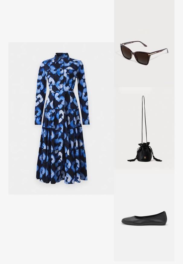 Blaues Kleid mit langen Ärmeln, kragenähnlichem Ausschnitt, Vorderknopfverschluss und gemusterter Stoff, der Blau- und Schwarztöne zeigt, mit zwei Brusttaschen.; Schwarze Leder-Ballettschuhe mit abgerundeter Spitze, glatter Textur, minimalen Nähdetails und einem flexiblen Sohlen-Design.; Sonnenbrille mit quadratischem Rahmen aus Schildpatt, dunkel getönten Gläsern und dezenten goldenen Akzenten an den Bügeln.; Schwarze Bucket Bag mit Kordelzug, langem dünnem Riemen und kleinem goldenem quadratischem Logo vorne, vor einfachem Hintergrund präsentiert.