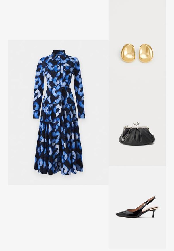 Vestido azul con mangas largas, cuello con solapa, cierre frontal de botones y tejido estampado con tonos de azul y negro, con dos bolsillos en el pecho.; Zapato de salón slingback de charol negro con punta afilada y tacón bajo tipo kitten sobre un fondo blanco liso.; Clutch de cuero negro con textura arrugada, marco de metal en tono plateado, cierre de beso y cadena para colgar. Superficie suave y lisa.; Pendientes de studs en color dorado con una forma suave y redondeada y una superficie reflectante, que exhiben un diseño minimalista y sin patrones visibles.