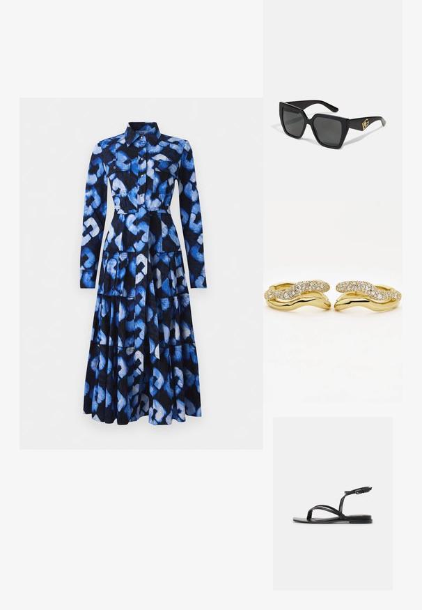 Blaues Kleid mit langen Ärmeln, kragenähnlichem Ausschnitt, Vorderknopfverschluss und gemusterter Stoff, der Blau- und Schwarztöne zeigt, mit zwei Brusttaschen.; Schwarze flache Sandale mit dünnen Riemchen, einer Zehenlasche und einer verstellbaren Knöchelschnalle vor weißem Hintergrund.; Schwarze Sonnenbrillen mit quadratischem Design und dunklen Gläsern. Mit goldenen Logo-Akzenten an den Bügeln. Glänzende Kunststoffrahmen.; Paar goldene Creolen mit ineinander verschlungenen glatten und mit Diamanten besetzten wellenförmigen Bändern, nebeneinander auf weißem Hintergrund gezeigt.