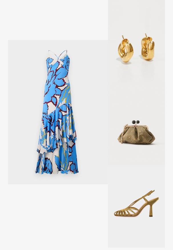 Vestido maxi floral con un patrón en azul y blanco, tirantes retorcidos y volantes en capas. Hecho de un tejido liviano con un diseño fluido.; Sandalia dorada de tacón alto con tiras, puntera abierta, correa ajustable en el tobillo y tacón medio cónico, vista lateral sobre fondo blanco.; Pequeño bolso de mano con patrón geométrico en dorado y negro, marco metálico dorado, cierre de bola negro y una corta correa de cadena dorada.; Pendientes de aro grueso en oro con un diseño tubular ligeramente retorcido y cierre de presión, sobre un fondo blanco.