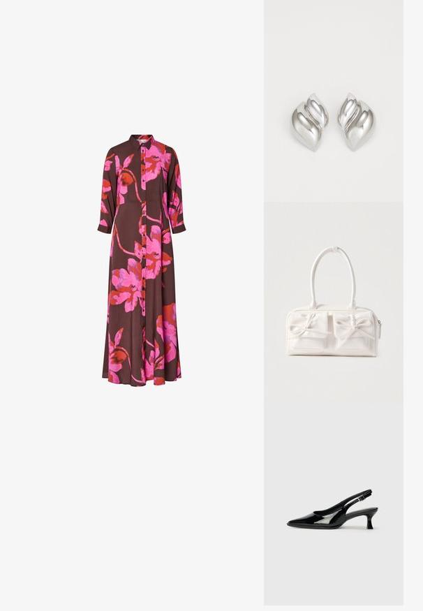 Braunes Kleid mit langen Ärmeln und großem, leuchtend pink-rotem Blumenprint, vorn mit Knopfleiste und Kragen.; Schwarze Lackleder Slingback-Schuhe mit spitzem Zehenbereich und niedrigem Blockabsatz. Verstellbarer Riemen mit Schnalle am Knöchel.; Weiße synthetische Handtasche mit zwei vorderen Taschen, jeweils mit einer gebundenen Schleifendekoration. Glatte Textur, abgerundete Griffe und Reißverschluss.; Silberne Ohrringe mit einer organischen, abstrakten Form. Glatte, glänzende Oberfläche mit einem konischen Design. Mit dezenten Kurven und einem zentralen Linienelement.