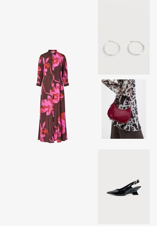 Braunes Kleid mit langen Ärmeln und großem, leuchtend pink-rotem Blumenprint, vorn mit Knopfleiste und Kragen.; Schwarzer Slingback-Schuh aus Lackleder mit spitzer Spitze und niedrigem, schrägem Blockabsatz auf einfachem hellem Hintergrund.; Frau trägt eine schwarz-weiß gemusterte Bluse und hält eine glänzende rote Schultertasche vor einem einfarbigen Hintergrund.; Silberne Metallcreolen mit glatter, leicht gebogener Oberfläche und Klappverschluss vor schlicht weißem Hintergrund.