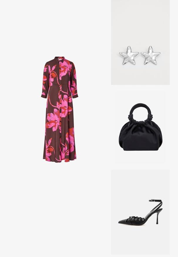 Braunes Kleid mit langen Ärmeln und großem, leuchtend pink-rotem Blumenprint, vorn mit Knopfleiste und Kragen.; Schwarzer, spitzer High-Heel-Schuh mit geschwungenen Kanten, Metallösen, Schnürung vorne und Knöchelriemen mit Schnallverschluss.; Schwarze weiche Stoffhandtasche mit gerafftem oberen Rand und runden, gepolsterten Griffen, die auf jeder Seite mit Knoten gebunden sind.; Silberne sternförmige Ohrringe mit einer polierten, glänzenden Oberfläche. Jeder Ohrring hat fünf Spitzen und dezente Oberflächentexturdetails.