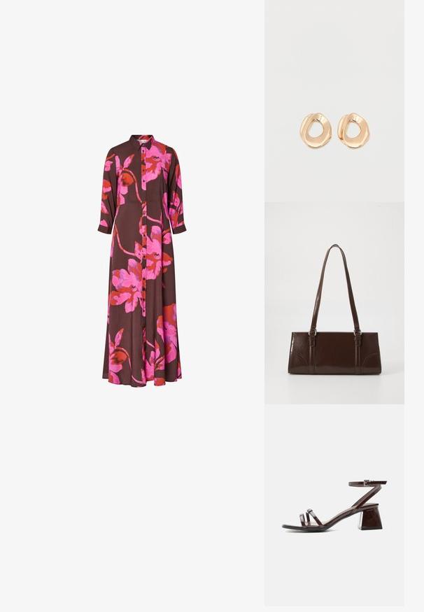 Langærmet brun kjole med stor, blomsterprint i lys pink og rød, knapper foran og krave.; Mørkebrune laklædersandal med blokhæl, ankelrem med spænde og to tynde remme over tæerne på hvid baggrund.; Brun lakeret håndtaske med rektangulær form, to lange håndtag og subtile buede detaljer på fronten.; Par af uregelmæssigt formede, polerede øreringe i guldfarvet metal med åben midte på en ens hvid baggrund.