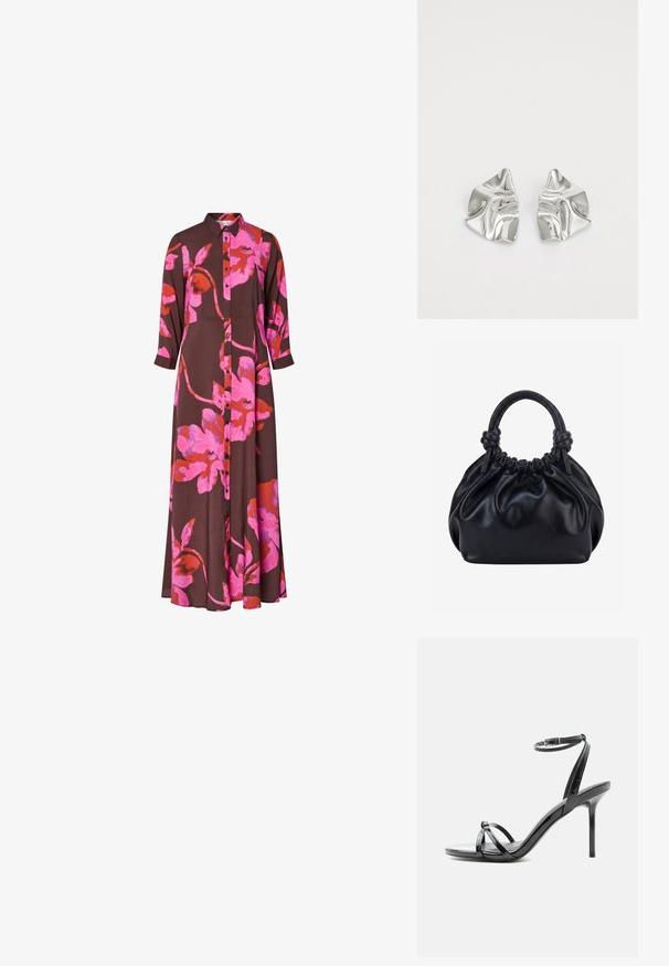 Vestido marrón de manga larga con un gran estampado floral en rosa brillante y rojo, cierre de botones en el frente y cuello.; Sandalia de tacón alto de charol negro con tiras finas que cruzan los dedos y una correa con hebilla en el tobillo sobre un fondo blanco.; Bolso de mano de cuero negro suave con parte superior fruncida y dos asas gruesas atadas en nudos sobre un fondo claro y liso.; Pendientes de metal plateado con un diseño ondulado y escultórico, que presentan un acabado pulido y formas irregulares, destacando una estética contemporánea.