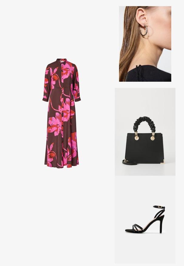 Bruine jurk met lange mouwen, grote bloemenprint in felroze en rood, knoopsluiting aan de voorkant en kraag.; Anna Field Sandalen - black; Zwarte leren handtas met een gestructureerde vorm, glanzend gekreukte handgreep, gouden hardware accenten en een afneembare schouderband.; Zilveren oorbel met een gepolijste afwerking, met kleine gouden accentdetails en een ronde vorm, gedragen op de oorlel.