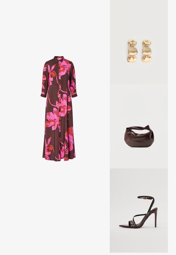 Vestido marrón de manga larga con un gran estampado floral en rosa brillante y rojo, cierre de botones en el frente y cuello.; Sandalia de tacón alto de charol burdeos con tira en el tobillo, punta afilada y tres tiras horizontales en el pie. Detalle de hebilla en tono dorado.; Bolso de hombro de cuero marrón oscuro con una forma suave y caída, y un asa con nudo torcido sobre un fondo blanco liso.; Pendientes colgantes en tono dorado con tres segmentos irregulares, lisos y redondeados apilados verticalmente sobre un fondo claro y liso.