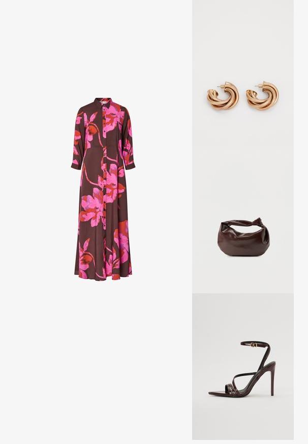Braunes Kleid mit langen Ärmeln und großem, leuchtend pink-rotem Blumenprint, vorn mit Knopfleiste und Kragen.; Bordeaux-farbenes Lackleder-High-Heel-Sandale mit einem Knöchelriemen, spitzem Zehenbereich und drei horizontalen Riemen über dem Fuß. Details mit goldfarbener Schnalle.; Dunkelbraune Lederschultertasche mit weicher, lockerer Form und einem gedrehten Knotengriff vor schlichtem weißem Hintergrund.; Metallische goldene Ohrringe in einem gewundenen Design. Abgerundete Form mit einer glatten, glänzenden Oberfläche und einer Pin-Verschluss. Substantielle Breite und Tiefe.