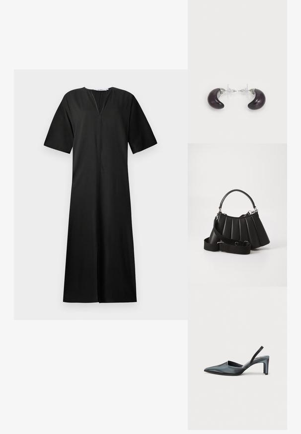 Vestido negro de corte holgado, mangas cortas, escote en V y cierre frontal. Hecho de tela suave con un diseño hasta la rodilla.; Tacón destalonado negro con punta puntiaguda, acabado de satén elegante y tacón delgado de 3 pulgadas. Diseño lateral abierto con detalle mínimo de costuras.; Bolso de mano negro con pliegues, manejo redondeado, correa ajustable y textura brillante. Presenta herrajes plateados y una silueta estructurada.; Pendientes de resina de color púrpura oscuro en forma de lunas crecientes, con detalles de metal plateado y cierres traseros de plástico transparente para una sujeción segura.