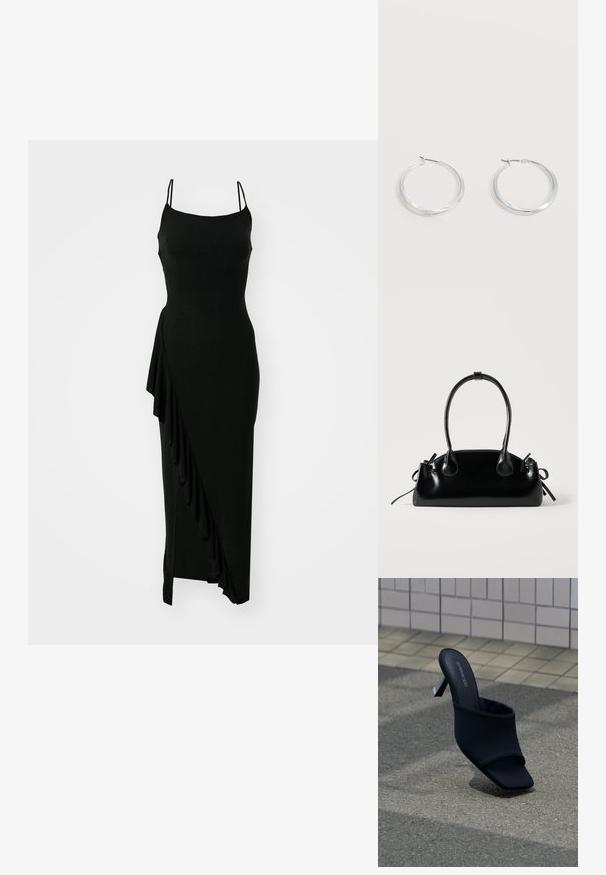Zwarte mouwloze jurk met een getailleerde bovenkant, asymmetrische ruffle-detail aan één zijde en een lange, gladde silhouet. Gemaakt van rekbaar materiaal.; Zwarte open teen mule met blokhak en vierkante neus, met merk "EVEN&ODD," geplaatst op grijze stoep vlakbij een betegelde muur.; Kleine zwarte glanzende handtas met twee lange hengsels en zijkant trekkoord details op een effen lichte achtergrond.; Zilverkleurige metalen creolen oorbellen met een glad, licht gebogen oppervlak en sluitingen met haaksluiting op een effen witte achtergrond.